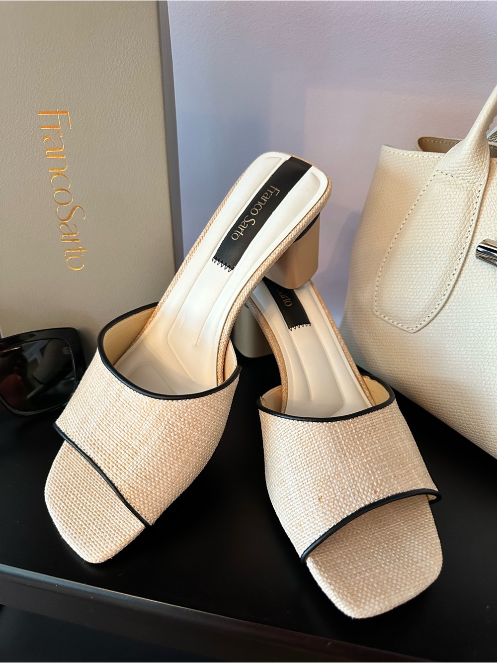 Franco Sarto Cream Textured Slide Mules with Black Trim